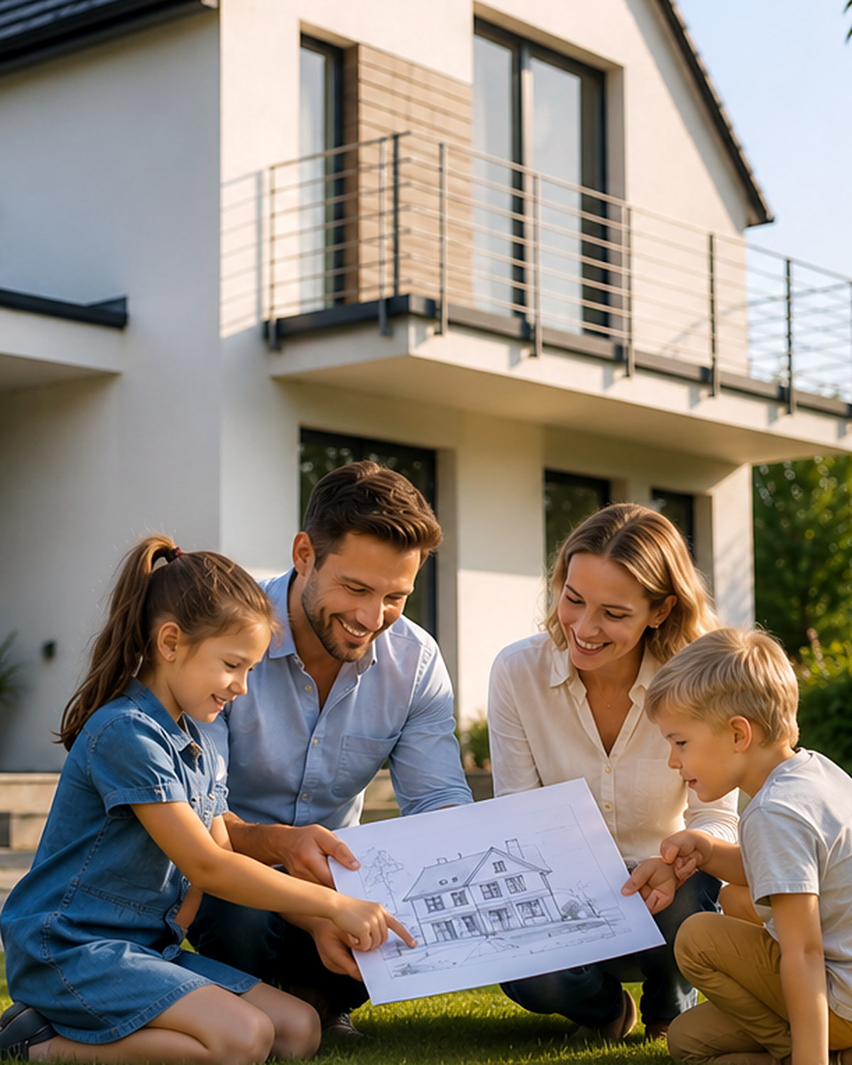 Familie mit Kindern vor dem eigenen Haus